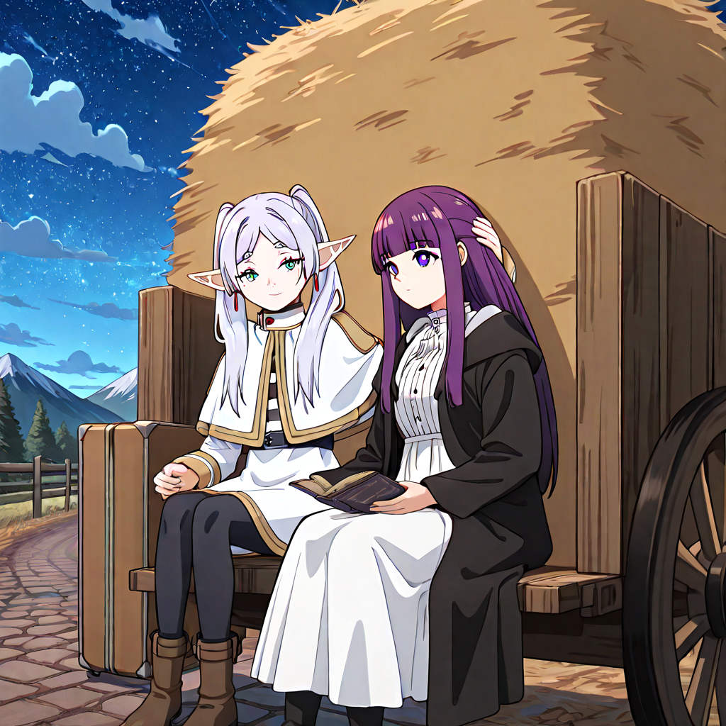absurdres, sensitive, 2girls, frieren, fern, sitting, hay cart, hay, wagon, elf, grey hair, twintails, capelet, black pantyhose, purple hair, long hair, straight hair, white dress, long sleeves, robe, open book, holding book, suitcase, sky, cloud, tree, rural, fence, mountain, stone road, hand on another's head, headpat, night, from side, smile, expressionless, <lora:haycart_ilxl:1>