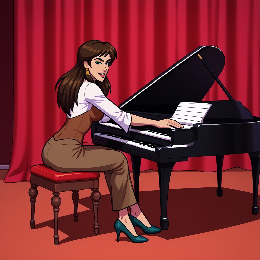 Sadira sitting at her piano and playing her piano