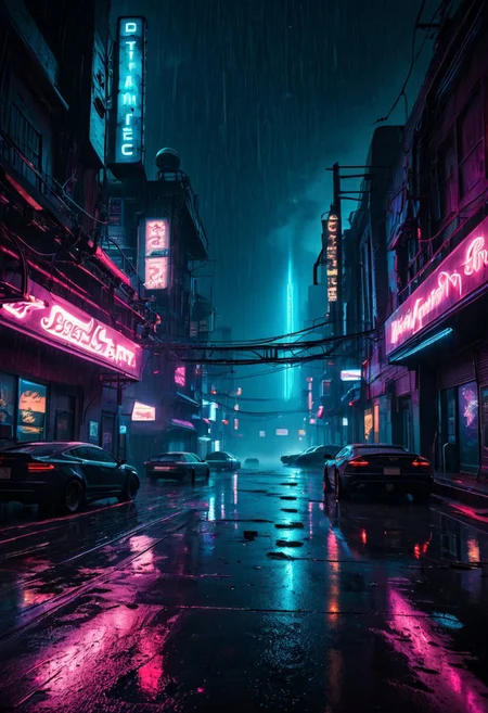 street view of a dark sci-fi city. depth of field. natural lighting. celestial moonlight. starry sky. neon signs. cars driving through the city. dark. the neon lights light the floor. heavy rain. sharp bloom. foggy.