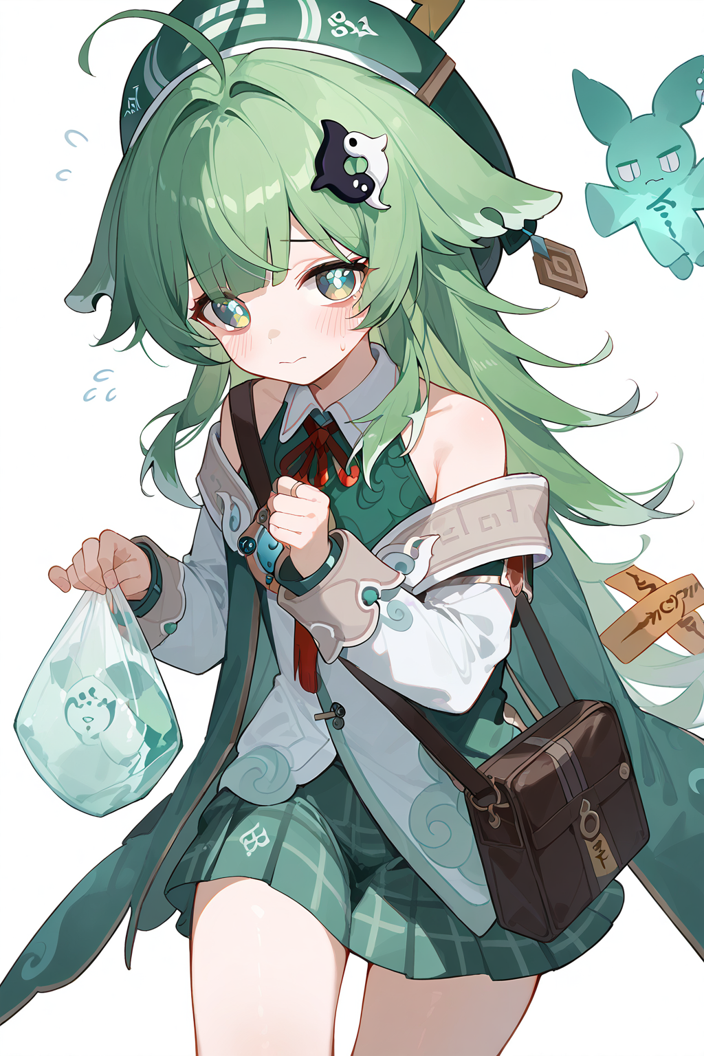 (score_9,score_8_up,score_7_up),<lora:HuoHuo(Honkai Star Rail)-v1-000008:1>,HuoHuo(Honkai: Star Rail),1girl,green headwear,green hair,armband,green eyes,holding bag,bag,shirt,hat,skirt,long hair,white shirt,white background,solo,blush,beret,holding,collared shirt,green skirt,ahoge,bangs,long sleeves,hair ornament,red ribbon,closed mouth,jacket,flying sweatdrops,neck ribbon,ribbon,necktie,green jacket,feet out of frame,signature,plaid skirt,plastic bag,school uniform,plaid,looking at viewer,pleated skirt,off shoulderanime,NSFW,expressive,amazing quality,ultra hd 32k,