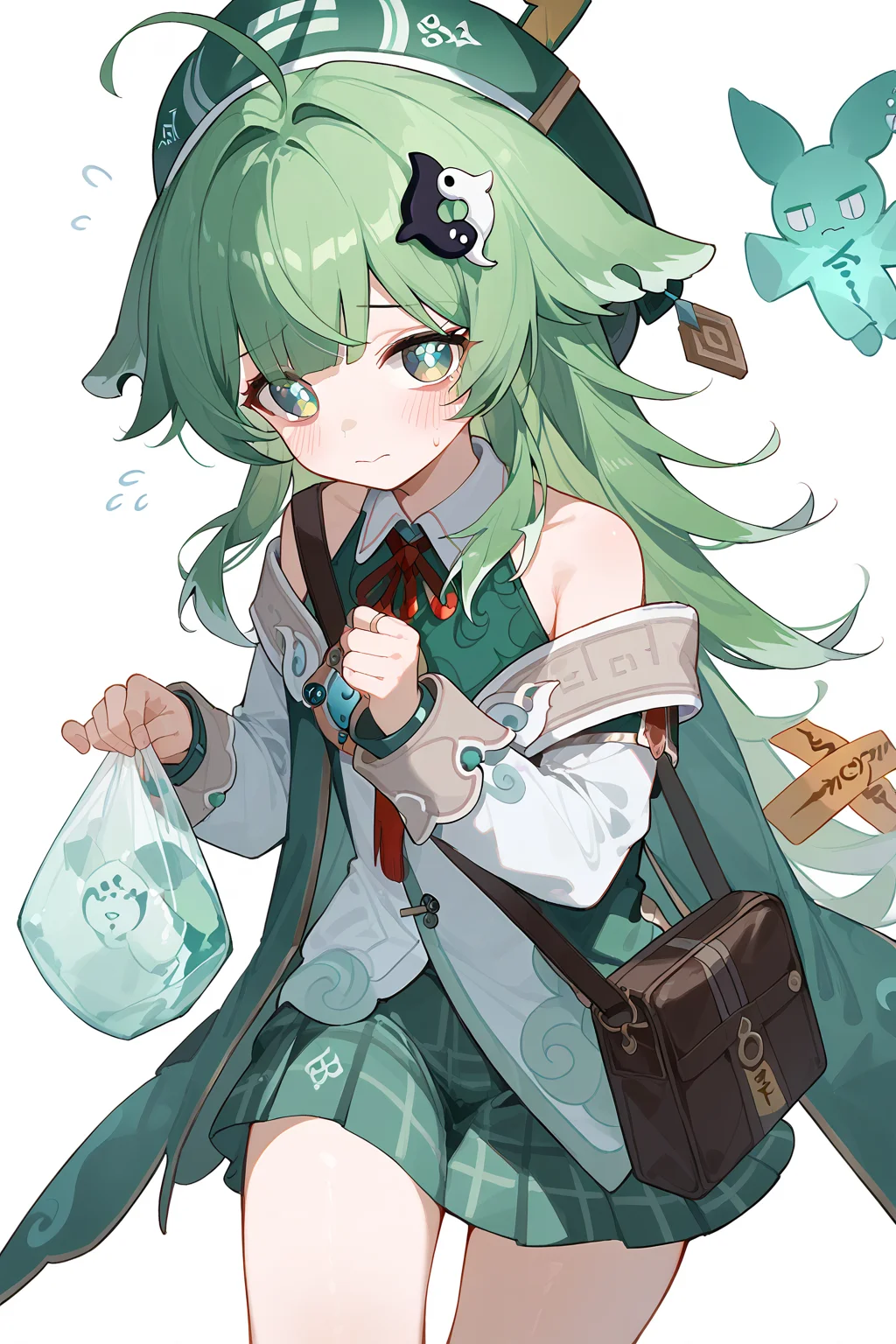 (score_9,score_8_up,score_7_up),<lora:HuoHuo(Honkai Star Rail)-v1-000008:1>,HuoHuo(Honkai: Star Rail),1girl,green headwear,green hair,armband,green eyes,holding bag,bag,shirt,hat,skirt,long hair,white shirt,white background,solo,blush,beret,holding,collared shirt,green skirt,ahoge,bangs,long sleeves,hair ornament,red ribbon,closed mouth,jacket,flying sweatdrops,neck ribbon,ribbon,necktie,green jacket,feet out of frame,signature,plaid skirt,plastic bag,school uniform,plaid,looking at viewer,pleated skirt,off shoulderanime,NSFW,expressive,amazing quality,ultra hd 32k,