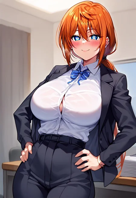 score_9, score_8_up, score_7_up, ASCII masterpiece, source_anime, BREAK, 1girl, solo, (( <lora:miyazaki_hiyori:1> , miyazaki_hiyori, beautiful orange hair, piercing blue eyes, normal waist, wide hips, beautiful skin, bangs, hair between eyes, low ponytail, clear eyes, bright pupils, beautiful eyes, huge and shaggy breasts, natural beauty, extraordinary beautiful woman, attractive woman, super sexy woman, lustful body, sexy woman with seductive obscene body, sensual body, voluptuous body, sexy beauty, sexy milf, )) , no piercings, no piercing, obscene cleavage, sexy office lady, sexy white shirt, sexy black trousers, black jacket, standing, blush, seducative smile, hands on hips, in the office,