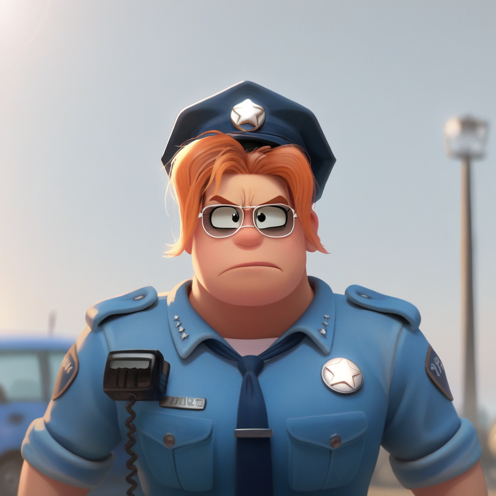 score_9_up, BREAK,  MISTYLUGGINS, 1girl, solo,  orange hair, black eyes, glasses, hat, blue shirt, necktie, police, upper body, depth of field,  <lora:MistyLuggins_PXL_Leaf1:0.8>