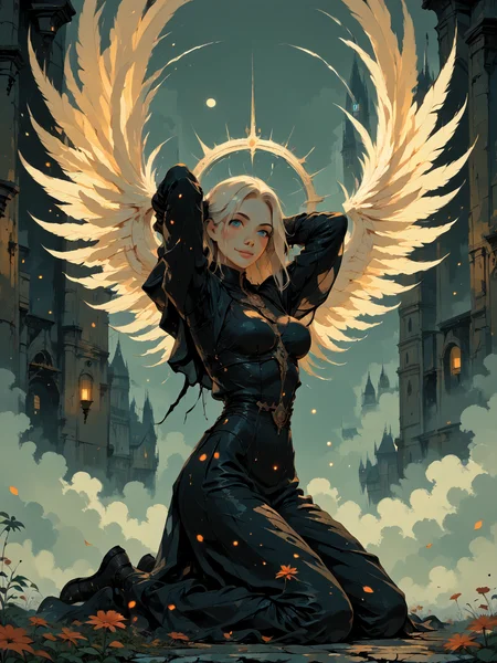 score_9, score_8_up, score_7_up,  BREAK, 1girl, black dress, blue eyes, kneeling, angel, big wings, looking at viewer, hands behind head, raining, wet, evil smile, night, fog, indoor, cathedral, ruin, leafs, wind, 3xpr3ss10n1st_style <lora:Abstract_Expressionist_Style:1>