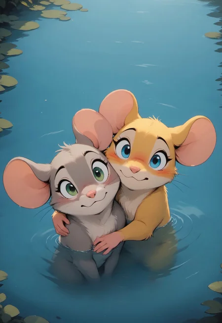 score_9, score_8_up, score_7_up, score_6_up, score_5_up, score_4_up, (duo:2), m0use_goldie, j_cartoon, (cute:2), romantic, (head shot, head focus:2), (hugging:1.7), head_out_of_water,head sticking out of water,peeking out of water,face above water, (looking at viewer), (surprised expression, embarrassed expression:1.2)

[][BREAK][], 

yellow fur, blue eyes, 

[][BREAK][], 

((grey fur, green eyes), 