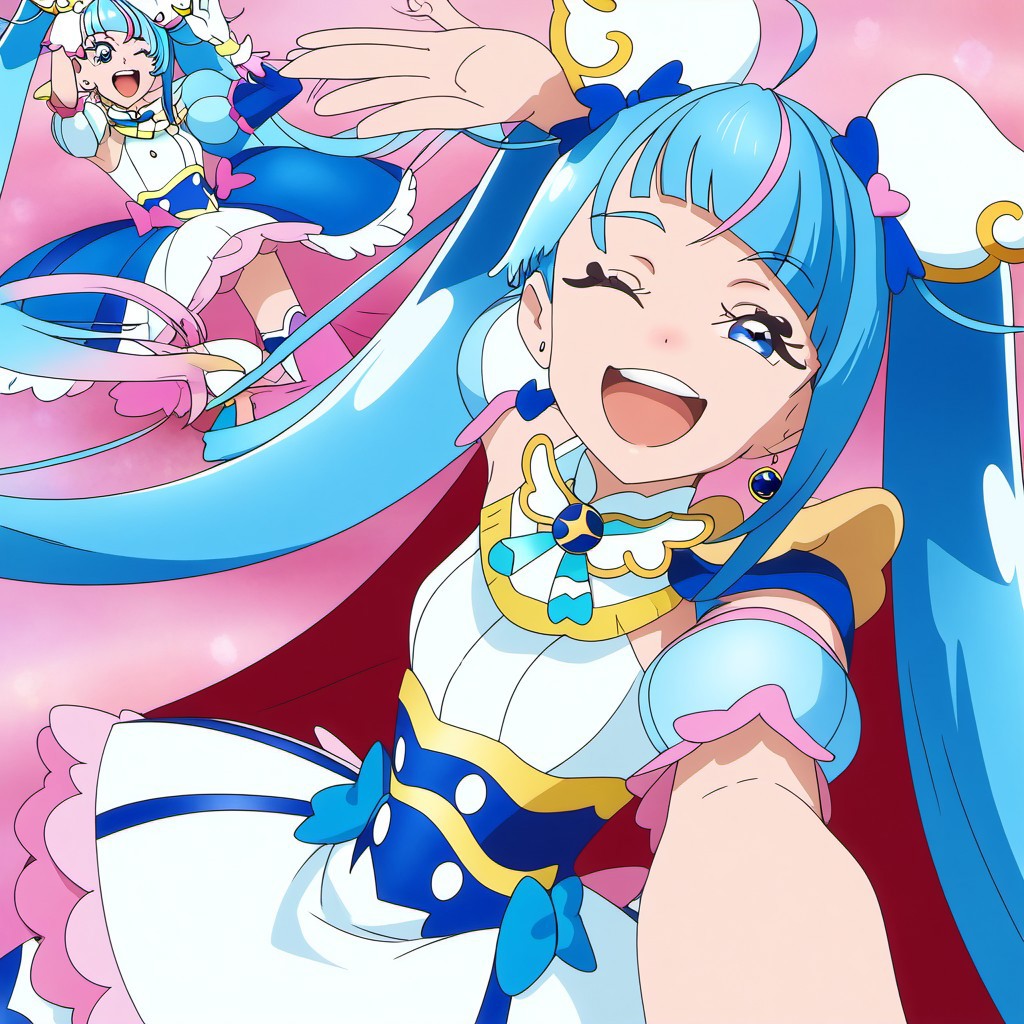 detailed background, shiny skin, posing, rating safe, 
<lora:curesky.pony:1.0>,
curesky, 
small breasts, portrait, arm up, selfie, big smile, laughing, open mouth, one eye closed,