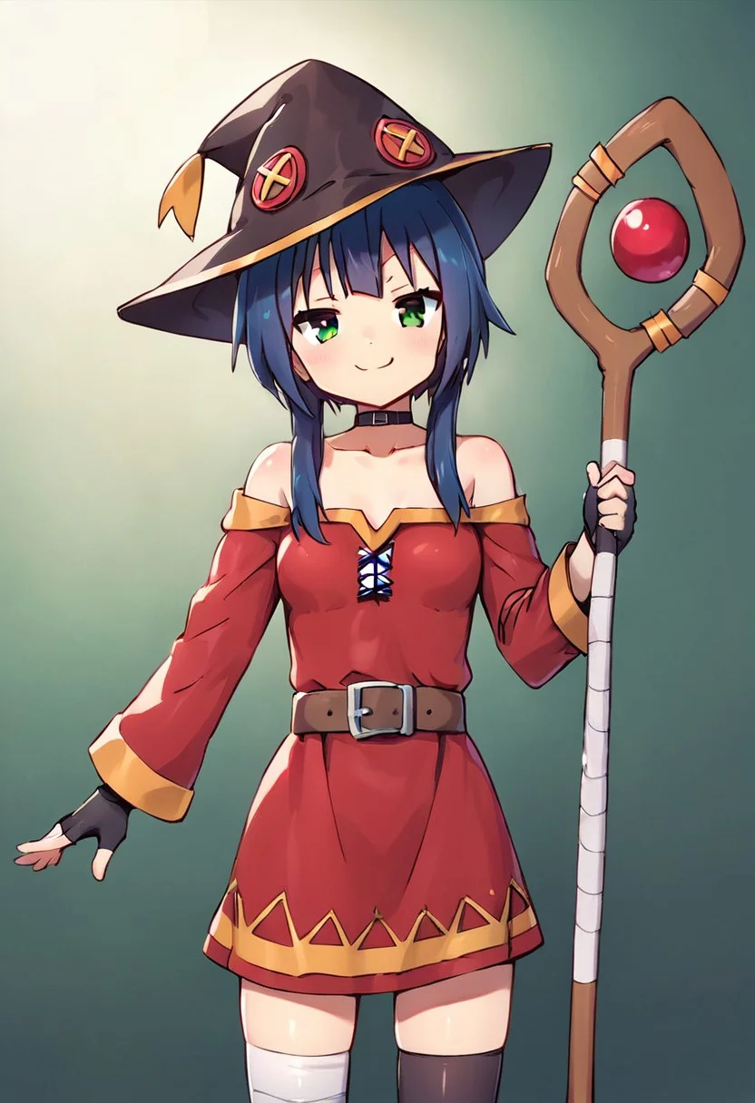 score_9, score_8_up, score_7_up,source_anime, masterpiece, ultra detailed, highres, 4k, best quality, BREAK, <lora:konata:0.7> Megumin, hat, witch hat, staff, black choker, collarbone, off-shoulder dress, dress, red dress, long sleeves, black gloves, fingerless gloves, belt, brown belt, gold trim, asymmetrical legwear, mismatched legwear, bandaged leg, black thighhighs, smile, dark blue hair, medium breasts, round breasts, D-cup breast size, adult, mature, aged up, cute, cute face, outstanding, countershading, detailed soft lighting, backlighting, green eyes, looking at viewer, ultra detailed eyes, dutch angle, cowboy shot, mouth open, smug smile, smug expression
