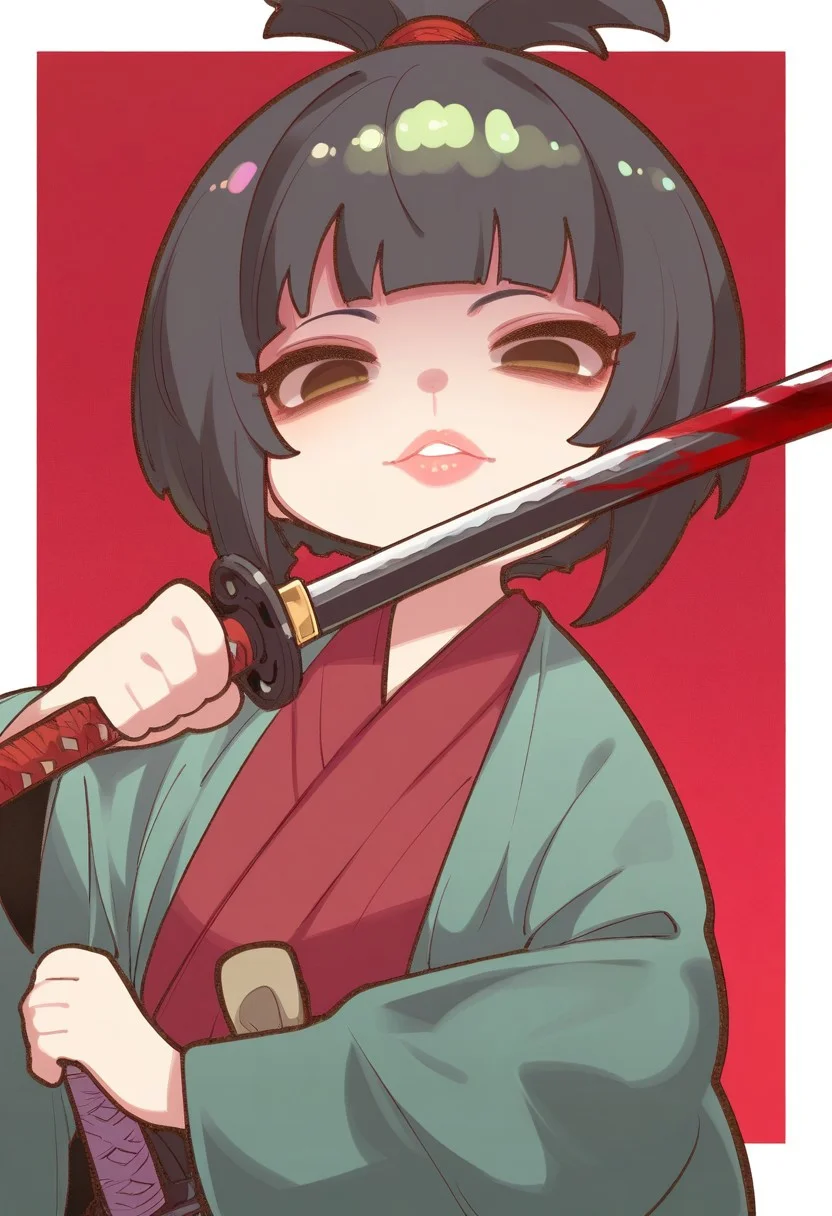 CuteChibi_ST, CTCB_ST, masterpiece, best quality, very aesthetic, high resolution, ultra-detailed, absurdres, newest, extremely detailed eyes, 1girl, solo, looking at viewer, black hair, holding, brown eyes, upper body, weapon, japanese clothes, sword, kimono, holding weapon, lips, blood, holding sword, katana, topknot