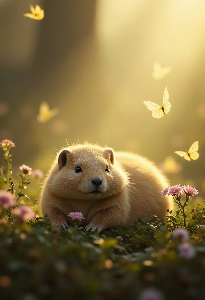 32k,8k,dynamic,(ultra high res:1.4),National Geographic photography, cinematic, depth of field, bokeh, best quality, animal photography,macro wildlife photography, photorealistic,tree stump, wild flowers everywhere, in fantastic antique forest, close up photography of A whimsical chubby marmot, soft fluffy dry fur,lying back in grass and moss, exposing tummy to sun's warmth,relaxed, having a nap. Tilted head. Bees and butterflies flying around, in a sunny summer afternoon.The atmosphere gives an impression of peace and serenity, light and dust particles floating in sunrays, Vibrant Glow, rule of third, gold number proportions