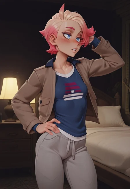 masterpiece, best quality, newest, absurdres, highres, dark lighting, pixelsketcher, solo,
1girl, tomboy, androgynous, soft feminine body, small breasts,
urbain, partner, za, trainer, shirt, jacket, pants, blue shirt, , blue eyes, brown jacket, open jacket, open clothes, short hair, pink hair, grey pants, long sleeves,
long eyelashes, thick eyelashes,
sexy, seductive, bedroom eyes, blush, parted lips, playful, one hand in hair, one hand on hips,
bedroom, standing,