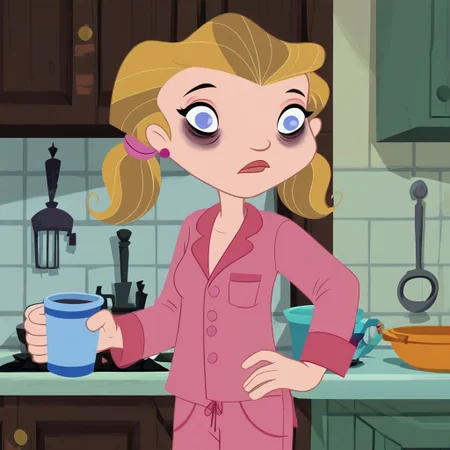 score_9, score_8_up, score_7_up, 1girl, solo,
pale-skin, light blue eyes, medium-length blonde hair, pigtails with pink hair ties, pink pajamas,
perfect hands, show accurate, perfect anatomy, med body,
indoors, small perky breasts, kitchen, hand on hip, loose clothing, holding a cup of coffee in hand, sleepy eyes, bags under eyes, loose clothes,
