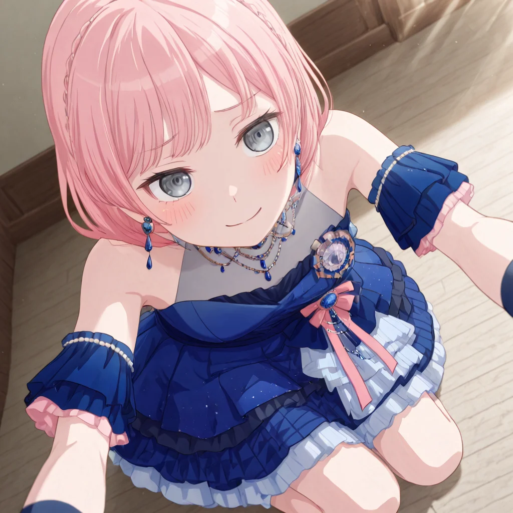 flat chest, blue dress, necklace, grey eyes, pink hair, blush, bangs, detached sleeves, gem, blue gemstone, earrings, bead necklace, anon2