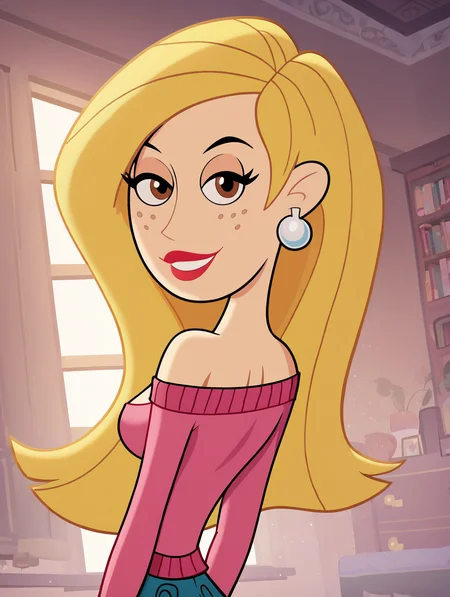 score_9, score_8_up, score_7_up, (toon \(style\):1),(flat colors:1),(close up face:1.4), looking back, from behind,viewer,ultra high quality,ultra high resolution,ultra , seductive,(extremely detailed), detailed background,,(masterpiece, best quality, high quality, highres, ultra-detailed),inside, bedroom in background, spotlight effects.,close up, cowboy shot,   dutch angle ,perfect eyes,perfect face,,narrow waist,perfect breasts,perfect eyes,perfect face,eager expression,earrings, looking back, from behind,
<lora:Veronica_Stoppable:0.9> veronica stoppable, toon (style), flat color, freckles, narrow waist,  brown eyes, long hair,  long eyelashes,  long hair, brown eyes, seductive smile, long eyelashes, medium breasts, wide hips, long legs, red lips, looking at viewer,blonde hair, Off-the-shoulder sweater , pastel pink sweater,