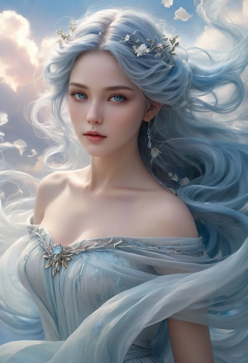 "A stunning photograph of a beautiful female air elemental. She has a delicate, ethereal appearance, with flowing, translucent hair that seems to be made of wisps of clouds and mist. Her skin is pale and glows softly, almost as if lit from within. She wears a flowing, diaphanous gown that blends seamlessly with the surrounding air, billowing and swirling around her. Her eyes are a striking, piercing blue, filled with a sense of wisdom and serenity. She is surrounded by a gentle, swirling breeze, with leaves and petals caught in the air around her. The background is a serene sky with soft, pastel hues of dawn or dusk, adding to the mystical and otherworldly atmosphere of the scene."