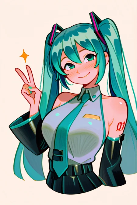 frdbns, masterpiece, amazing quality, best quality, aesthetic, traditional media, 1girl, hatsune_miku, long hair, blue hair, twintails, aqua green eyes, looking at viewer, smile, single v, large breasts, dress shirt, tie, detached sleeves, skirt, portrait, simple background,