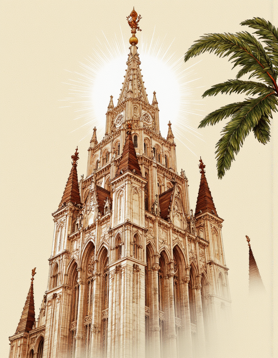 Art by Alessandro Barbucci. A detailed and realistic digital illustration shoot from a low angle about a stylized architectural drawing of a tall, ornate building with multiple towers and columns. the building appears to be a gothic cathedral, with intricate carvings and a coat of arms at the top. the drawing is done in a realistic style with a focus on the intricate details of the architecture, including the columns, arches, and spires. on the right side of the image, there is a branch of a pine tree, adding a touch of nature to the scene. the background is a soft, light beige color, which contrasts nicely with the detailed architecture of the building. the image also shows a faint, ethereal light source behind the spires, which adds to the sense of depth and dimensionality.