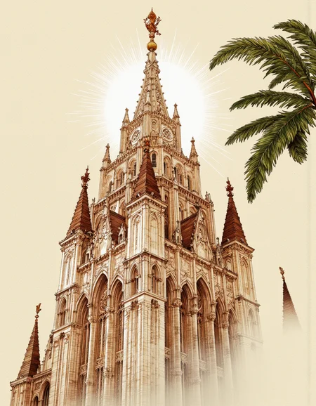 Art by Alessandro Barbucci. A detailed and realistic digital illustration shoot from a low angle about a stylized architectural drawing of a tall, ornate building with multiple towers and columns. the building appears to be a gothic cathedral, with intricate carvings and a coat of arms at the top. the drawing is done in a realistic style with a focus on the intricate details of the architecture, including the columns, arches, and spires. on the right side of the image, there is a branch of a pine tree, adding a touch of nature to the scene. the background is a soft, light beige color, which contrasts nicely with the detailed architecture of the building. the image also shows a faint, ethereal light source behind the spires, which adds to the sense of depth and dimensionality.
