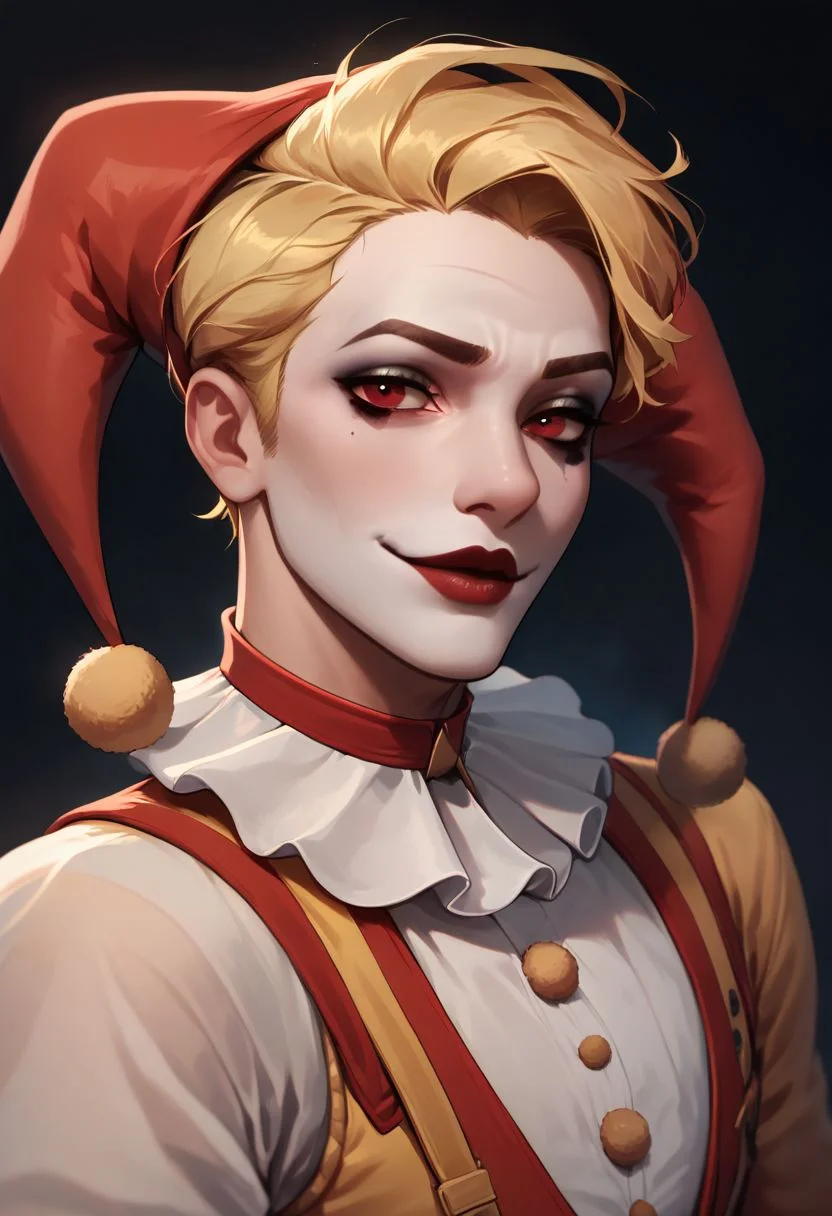 (((beautiful, high quality))), upper Body, score_9, score_8_up, score_7_up,
looking at the viewer, posing,
Clown, Clown makeup, clown costume, colorful clown costume, jester's hat, red clown nose, 1boy, male focus, blonde hair, red eyes,
dark background, blurred background,