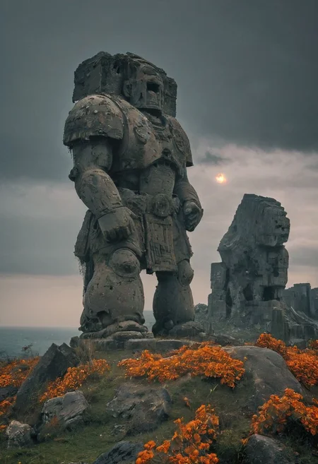 amazing quality, masterpiece, best quality, hyper detailed, ultra detailed, UHD, dof, hyper-realism, majestic, awesome, inspiring, Capturing the serene beauty of nature in a dystopian ruined world: Capture the essence of the sci-fi Roaring Twenties in this weathered eroded old concrete statue resembling a space marine Dreadnought drdnght machines with Cannon arms, weak resembling the moai from the rapa nui Island - giant and impressive, Standing in a row, Holding ckracked and broken giant Battle axes in their hands, adorned with cascading nasturtiums boasting translucent vibrant orange blooms By Night, Illuminated By the weak eerie Moonlight from behind, Let the juxtaposition of time-worn charm and vibrant nature tell a story of bygone eras and enduring beauty. A wasted Landscape View in Background with atmospheric haze, inviting contemplation and awe in a Grey dystopian wolrd after humanity is gone for decades and all buildings took Back By Nature, ruins and dust.. cinematic composition, soft shadows, national geographic style,