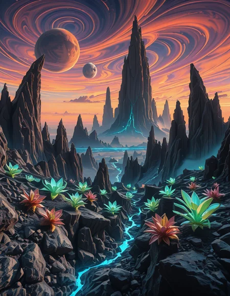 A breathtaking alien planet with a surreal and otherworldly landscape. The terrain is vast and diverse, featuring towering jagged rock formations with glowing bioluminescent veins running through them. The ground is covered in a mix of iridescent sand and patches of strange, luminescent plant life that emit a soft, pulsating glow. In the distance, a massive gas giant with swirling colorful clouds dominates the sky, accompanied by multiple moons of varying sizes. The atmosphere is thick with misty, swirling vapors, casting an ethereal glow over the horizon. Floating islands hover in the sky, defying gravity, with cascading waterfalls that vanish into the mist below. Strange, spire-like structures—either natural formations or remnants of an ancient civilization—rise from the landscape, adding a sense of mystery. The sky is a mesmerizing blend of deep purples, blues, and fiery oranges, with twin suns casting dramatic, elongated shadows. The scene is immersive, evoking a sense of wonder and discovery on an uncharted alien world.
<lora:SDXLFaeTastic2400:0.4> <lora:extremely_detailed:0.4> extremely detailed, <lora:alien_pl4n3t-ill:1>,alien pl4n3t, Masterpiece,best quality,hi res,8k,hi res,8k,award winning,(sharp focus, intricate, highly detailed),