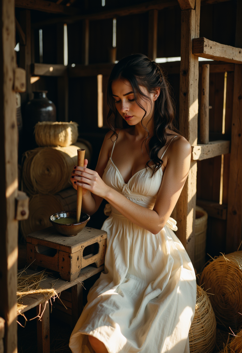 cinematic film still f4rm3rw0m4n, woman, white dress, (full body shot:1.25), barn, using a butter stave churner  . shallow depth of field, vignette, highly detailed, high budget, bokeh, cinemascope, moody, epic, gorgeous, film grain, grainy