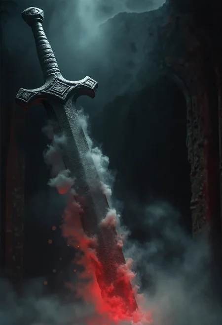 A lovecraftian fantasy image showing a crude greatsword as the focus of attention, depicted at a dramatic angle. The massive claymore appears to be enveloped in an opaque cloud of sand surrounding the blade. The bladed artifact is displayed in a showcase. Inside of the vast depths of a dilapidated temple with ornate archways circling the blade. The scene is enshrouded in a thick mist, giving off a faint, foreboding glow, enhancing the eerie ambience. Unfathomable threat envelops the scene. The image's style is intensely contrasted, featuring a dark background, monochromatic elements as well as ominous silhouettes. The color theme is selective with strong crimson details.