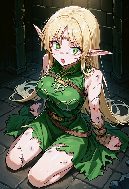 score_9, score_8_up, score_7_up, source_anime,
detailed eyes,
(simple background, black background, low lighting, dark theme, cinematic lighting:0.95),
black floor,
BREAK,
1girl, solo, cowboy shot,
<lora:Degen_Deedlit_v1:0.8>,
deedlit, circlet,
deedlit \(lodoss\), green eyes, large breasts, blonde hair, long hair, blue_eyes,
(elf ears: 0.5), elf, (pointy ears: 0.5),
((broken bow, broken arrows, torn clothes, torn armor)),
damaged,
kneeling, from above,
((turn pale, fear, despair)),
open mouth,
((surprised)),
<lora:donbiki_XL_v1:1.9>,
donbiki,
green tunic, gold choker, arm_wraps, belt,
sleeveless green tunic, bare shoulders,
<lora:Medieval_prison_warm_anime:0.8>,
Medieval prison,
dim lighting, fantasy, dark dungeon, night, (dark basement),