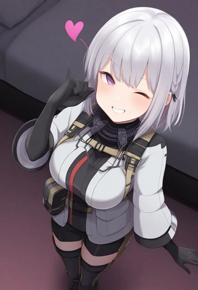 Masterpiece, aesthetic, best quality, 1girl, solo, solo female, close-up, foreshortening, facing viewer, looking at viewer, rpkdef, bedroom, tight clothes, fully dressed, grin, wink, smug, blush, heart, military uniform, elbow gloves, black gloves, armored boots, black footwear, white jacket, tactical clothes, black shorts, partial bodysuit, thigh boots, chest harness, belt pouch