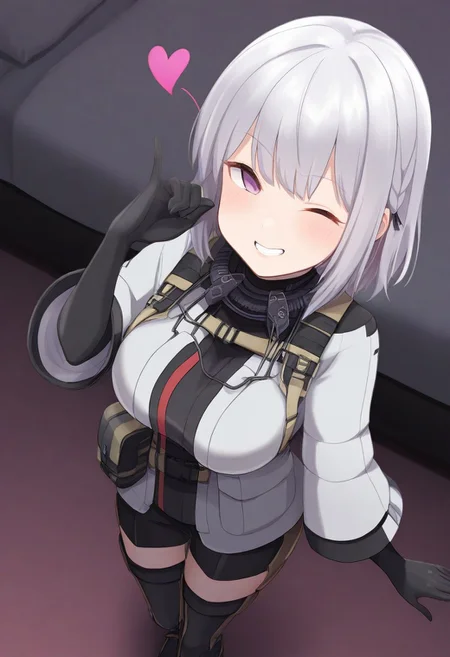 Masterpiece, aesthetic, best quality, 1girl, solo, solo female, close-up, foreshortening, facing viewer, looking at viewer, rpkdef, bedroom, tight clothes, fully dressed, grin, wink, smug, blush, heart, military uniform, elbow gloves, black gloves, armored boots, black footwear, white jacket, tactical clothes, black shorts, partial bodysuit, thigh boots, chest harness, belt pouch