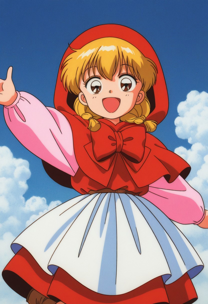 masterpiece, best quality, source_anime,official art,perfect_anatomy,1990s_\(style\),retro_artstyle,chacha,1girl,brown eyes,blonde hair,twintails,twin braids,red dress,red capelet,hood,apron,long sleeves,(beautiful detailed face,looking_at_viewer,happy,smile,^o^),cowboy shot,boots,close to viewer,day,blue_sky,cloud