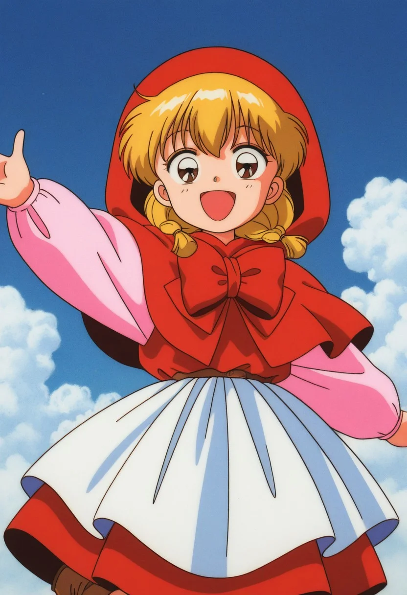 masterpiece, best quality, source_anime,official art,perfect_anatomy,1990s_\(style\),retro_artstyle,chacha,1girl,brown eyes,blonde hair,twintails,twin braids,red dress,red capelet,hood,apron,long sleeves,(beautiful detailed face,looking_at_viewer,happy,smile,^o^),cowboy shot,boots,close to viewer,day,blue_sky,cloud