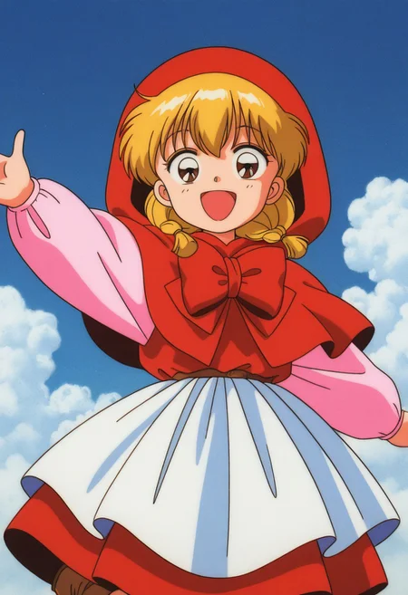 masterpiece, best quality, source_anime,official art,perfect_anatomy,1990s_\(style\),retro_artstyle,chacha,1girl,brown eyes,blonde hair,twintails,twin braids,red dress,red capelet,hood,apron,long sleeves,(beautiful detailed face,looking_at_viewer,happy,smile,^o^),cowboy shot,boots,close to viewer,day,blue_sky,cloud
