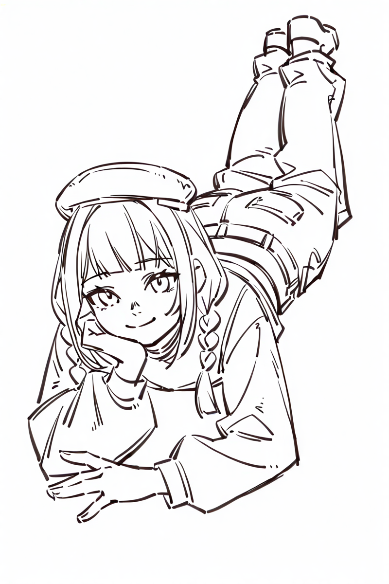 <lora:Sktchst_IL:1> sktchst, 1girl, solo, braid, hat, lying, on stomach, twin braids, monochrome, looking at viewer, beret, pants, virtual youtuber, bangs, smile, sketch