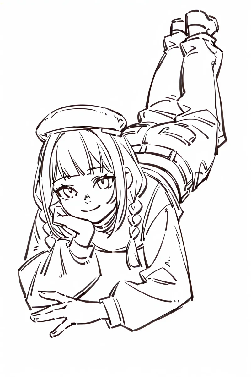 <lora:Sktchst_IL:1> sktchst, 1girl, solo, braid, hat, lying, on stomach, twin braids, monochrome, looking at viewer, beret, pants, virtual youtuber, bangs, smile, sketch