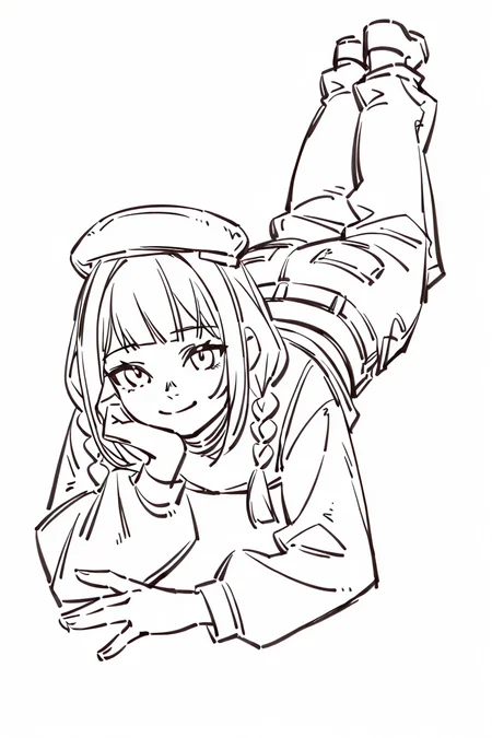 <lora:Sktchst_IL:1> sktchst, 1girl, solo, braid, hat, lying, on stomach, twin braids, monochrome, looking at viewer, beret, pants, virtual youtuber, bangs, smile, sketch