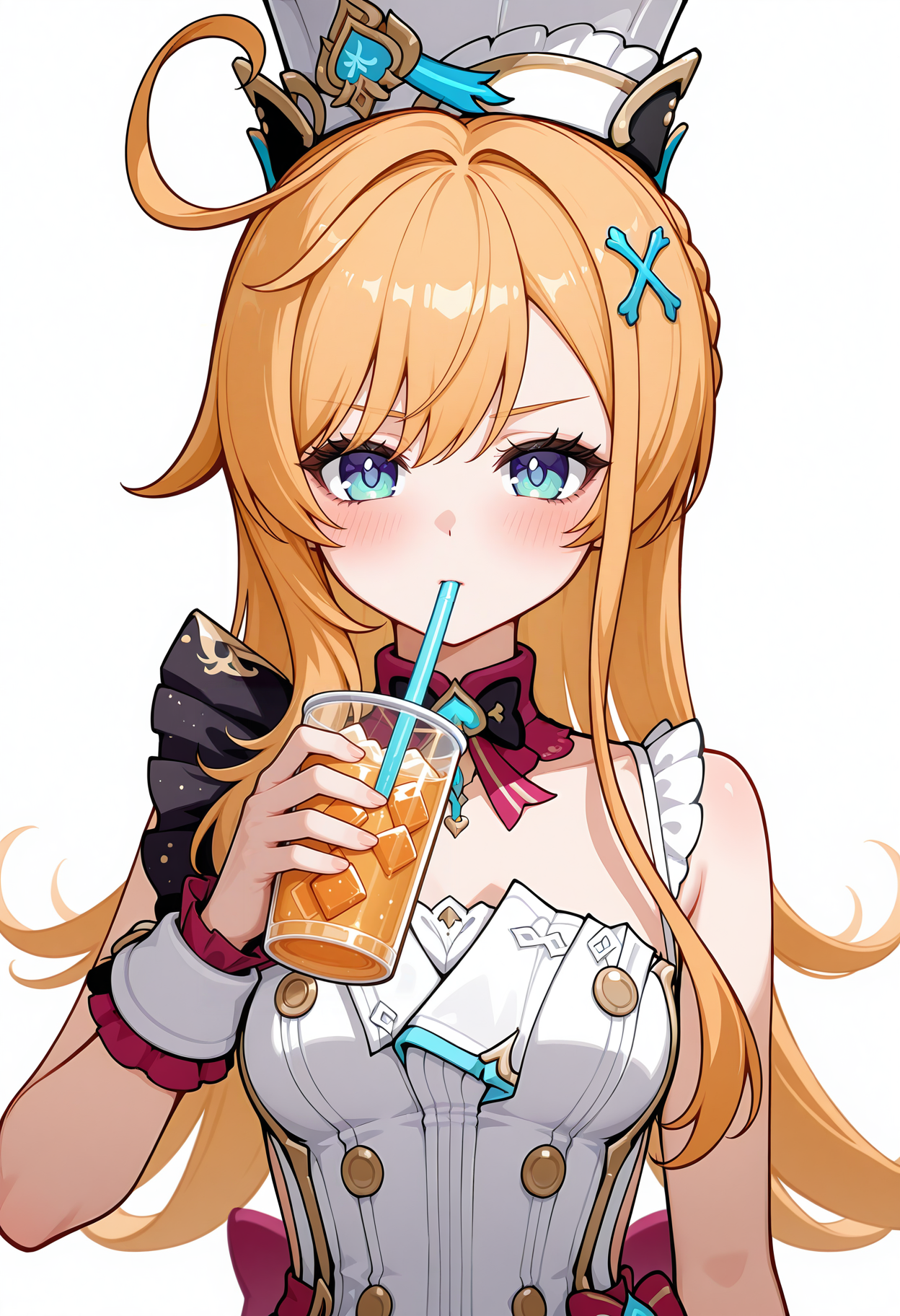 <lora:escoffier_illustrious-v1.3 (20):1>,
escoffier \(genshin_impact\),solo,simple background,drinking straw,dress,cup,white background,hat,drinking,upper body,holding cup,ice cube,looking at viewer,buttons,sleeveless dress,blush,drink,hair ornament,white dress