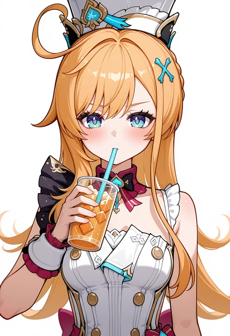 <lora:escoffier_illustrious-v1.3 (20):1>,
escoffier \(genshin_impact\),solo,simple background,drinking straw,dress,cup,white background,hat,drinking,upper body,holding cup,ice cube,looking at viewer,buttons,sleeveless dress,blush,drink,hair ornament,white dress
