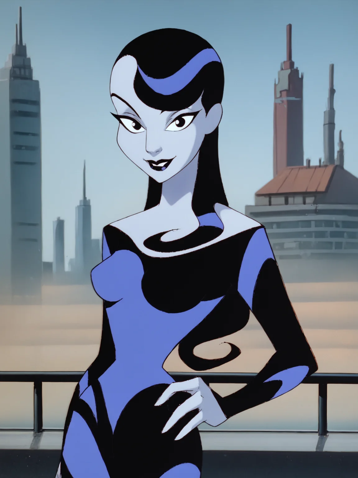 <lora:InquePony1.0:1> inque, bodysuit, 1girl, female focus, black hair, black lips, long hair, grey skin, multicolored hair, black eyes, breasts, looking at viewer, score_9, score_8_up, score_7_up, score_6_up, score_5_up, score_4_up, smile, looking at viewer, hand on own hip,cityscape, cowboy shot,