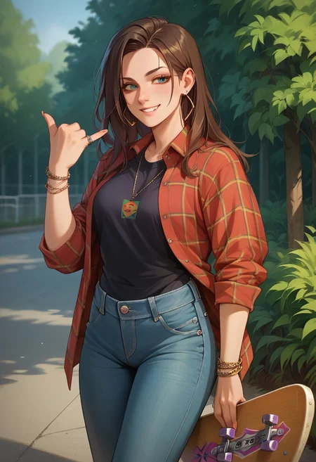 score_9, score_8_up, score_7_up, score_6_up, score_5_up, colourful, 8k, 1girl, solo, shaka, gesture, hand sign, skate park, jeans, flannel shirt,