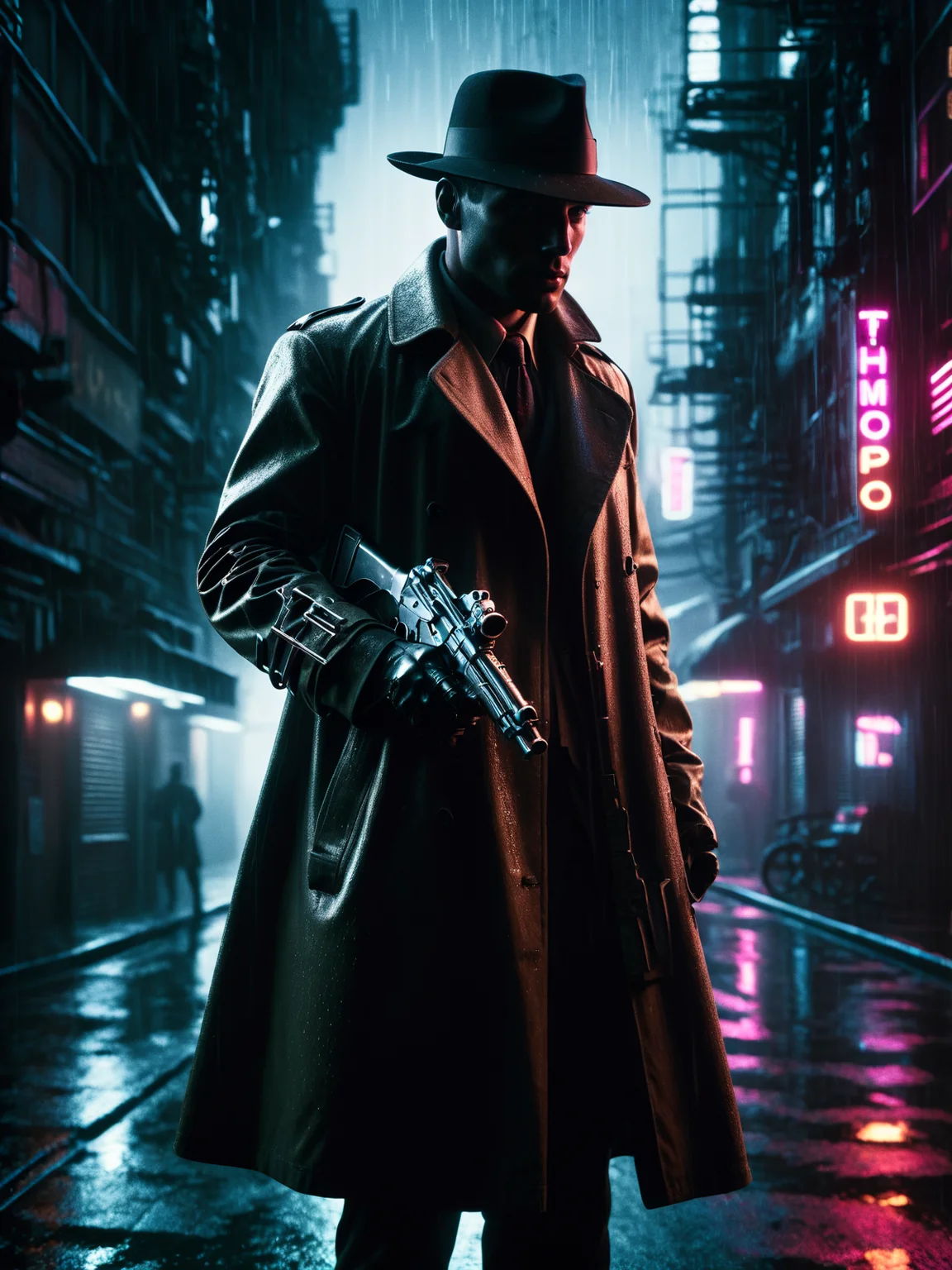 man with (Thompson Submachine Gun:1.2), trenchcoat, rain, cyberpunk, noir, 1940s <lora:Neon_Noir_SDXL:0.8> mad-neon-noir, masterpiece, best quality, ultra high res, (photorealistic, realistic:1.2), deep shadow, raw photo, film grain, Fujifilm XT3, 8k uhd, dslr