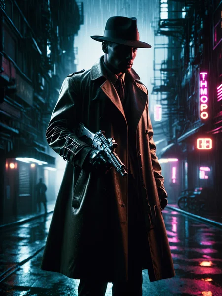 man with (Thompson Submachine Gun:1.2), trenchcoat, rain, cyberpunk, noir, 1940s <lora:Neon_Noir_SDXL:0.8> mad-neon-noir, masterpiece, best quality, ultra high res, (photorealistic, realistic:1.2), deep shadow, raw photo, film grain, Fujifilm XT3, 8k uhd, dslr