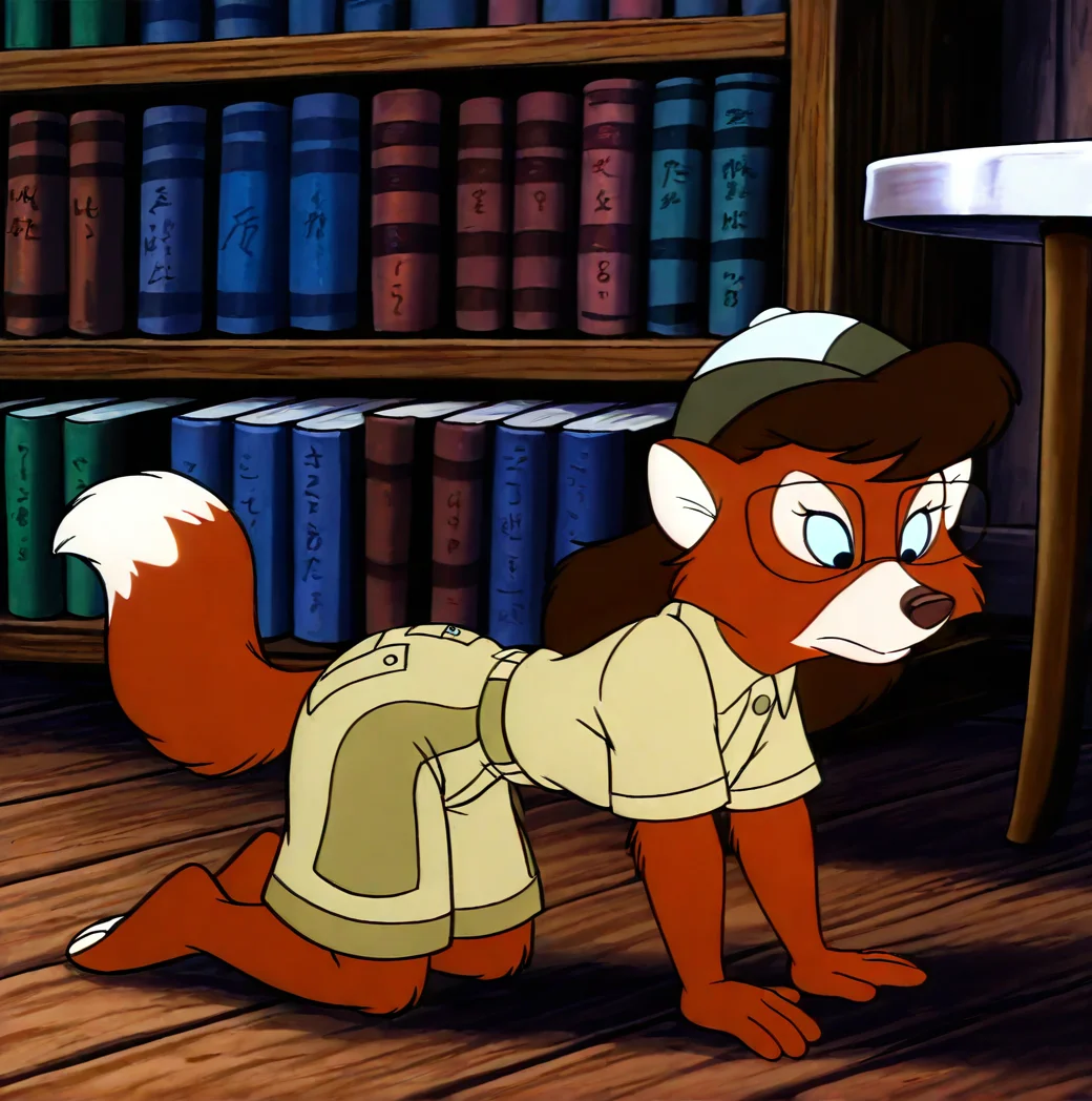 (masterpiece), (best quality), (ultra-detailed), amazing quality, very aesthetic, perfect composition, absurdres, incredibly absurdres, <lora:myrafoxworthy:1>, 1girl, solo, blue eyes, tail, hat, short sleeves, dress, furry, indoors, pith helmet , myra foxworthy, barefoot, glasses, furry female, fox girl, frown, brown hair, table, body fur, all fours, khaki shorts, bookshelf, female focus