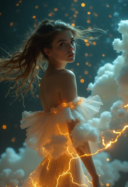Cinematic Style, Beauty, Realism, Chiaroscuro, Cinematography, Film Stills, Close-up, Hyperrealistic Portrait, She is a beautiful woman, her dress adorned with shimmering clouds of cotton candy, her movements illuminated by golden lightning dancing across her body. Her ethereal beauty hints at a deeper connection to the celestial realm, and she possesses a serene wisdom that belies her otherworldly nature.