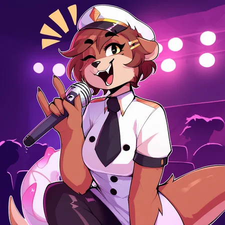 score_9_up, score_8_up, score_7_up, score_6_up, furry female, by remanedur, pearl aurora, female, furry, otter, yellow eyes, tail, dark brown hair, white gloves, ((headgear)), headwear, gesture, winking at viewer, happy, short hair, brown fur, hairclip, white high heeled boots, ((white uniform)), (solo), three-quarter view, head tilt, microphone, holding microphone, singing, stage, on stage, lights, screaming, <lora:Leah_Pines(AIM)_XL_v1:1>, <lora:PDXL_artist_tags_v2_big:0.8> <lora:The-Minuscule-Task_PDXL_v1.0:0.8> <lora:Pearl Aurora:0.15>