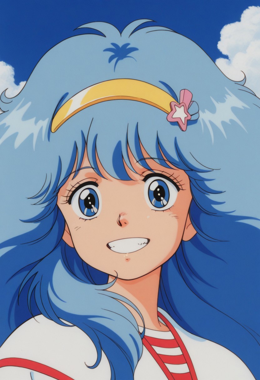 masterpiece, best quality, source_anime,official art,perfect_anatomy,1990s_\(style\),retro_artstyle,persia hayami,1girl,blue eyes,blue hair,long hair,big hair,hairband,hair ornament,school uniform,portrait,looking_at_viewer,grin,close to viewer,day,blue_sky,cloud