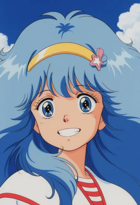 masterpiece, best quality, source_anime,official art,perfect_anatomy,1990s_\(style\),retro_artstyle,persia hayami,1girl,blue eyes,blue hair,long hair,big hair,hairband,hair ornament,school uniform,portrait,looking_at_viewer,grin,close to viewer,day,blue_sky,cloud
