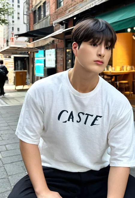 <lora:AsianGuy:1>, AsianGuy, (nodaeng:1.5), masterpiece, ultra-HD, cinematic lighting, photorealistic, (impressionism:1.5), high detail, depth of field, (blurred background), (dramatic lighting),masterpiece, best quality, very aesthetic,8k,masterpiece, best quality, realistic, masterpiece, best quality, 8k,
, simple_background, short hair, asian boy, handsome man, korean man, extacy on face,, male focus, (best quality, 8K, high resolution, extreme detail, outstanding composition:1.4), (an 18 year old young man at a cafe), very aesthetic, solo, ((insanely handsome boy)), ((detailed face))), (((perfect detailed handsome jock face))), BREAK cute, intimate, blue eyes, dark brown hair, crew cut hair, preppy outfit, white t-shirt, black pants, sitting, BREAK portrait, cowboy shot, Ultra detailed, insanely detailed, beautiful, masterpiece, highly detailed, Fujifilm XT-4, warm colors, warm light, calm, somber, early morning, sun rays, outdoors, cafe, people in the background, street, bustling city, New York, 1950's Technicolor style, Classic Film Noir style