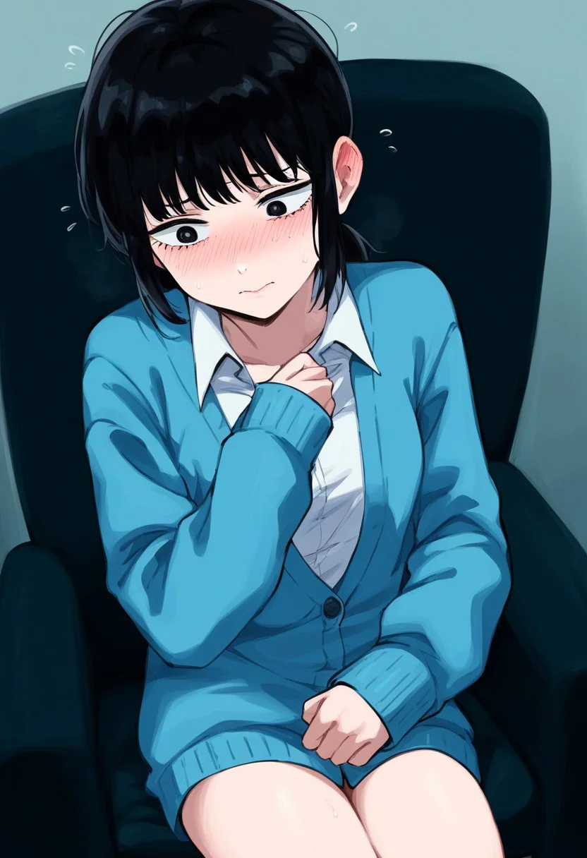 snegovski, mitaka asa, chainsaw man, 1girl, amputee, armchair, black eyes, black hair, blue cardigan, blush, cardigan, chair, flying sweatdrops, missing limb, nose blush, shirt, sitting, solo, white shirt