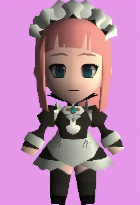 masterpiece, best quality, solo, 1girl, looking at viewer, <lora:FF7-Chibi-illus_Fp:1>, full body, simple background, 3d, <lora:felicia-fe-richy-v1_ixl:1>, f1cdf, blue eyes, pink hair, long hair, ponytail, sidelocks, blunt bangs, maid headdress, black feathered collar, blue brooch, maid, juliet sleeves, maid apron, bridal gauntlets, black thighhighs, standing, chibi,