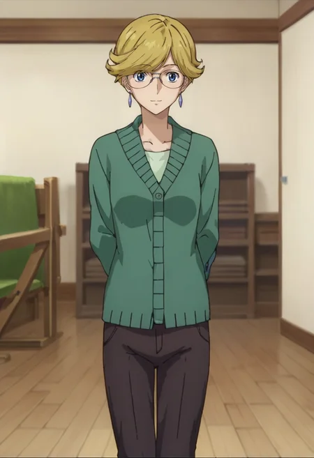 score_9,score_8_up,score_7_up,score_6_up,score_5_up,score_4_up,anime coloring BREAK source_anime,anime,<lora:Mrs._Halevy_Gundam_00_Pony:0.8>,mrshalevy,1girl,solo,blue eyes,blonde hair,short hair,glasses,jewelry,earrings,green cardigan,brown pants,smile,standing,arms_behind_back,indoors,room,looking at viewer,